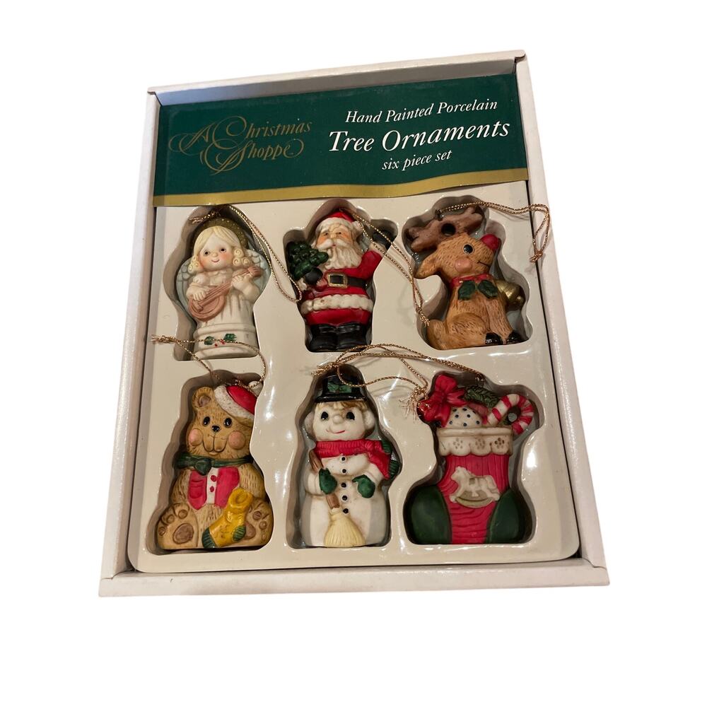 Vintage 1990 A Christmas Shoppe Porcelain Hand Painted Christmas Ornaments Six